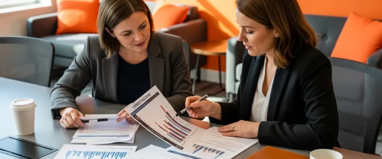 Hiring manager and recruiter reviewing a printed Java developer salary report at a conference table