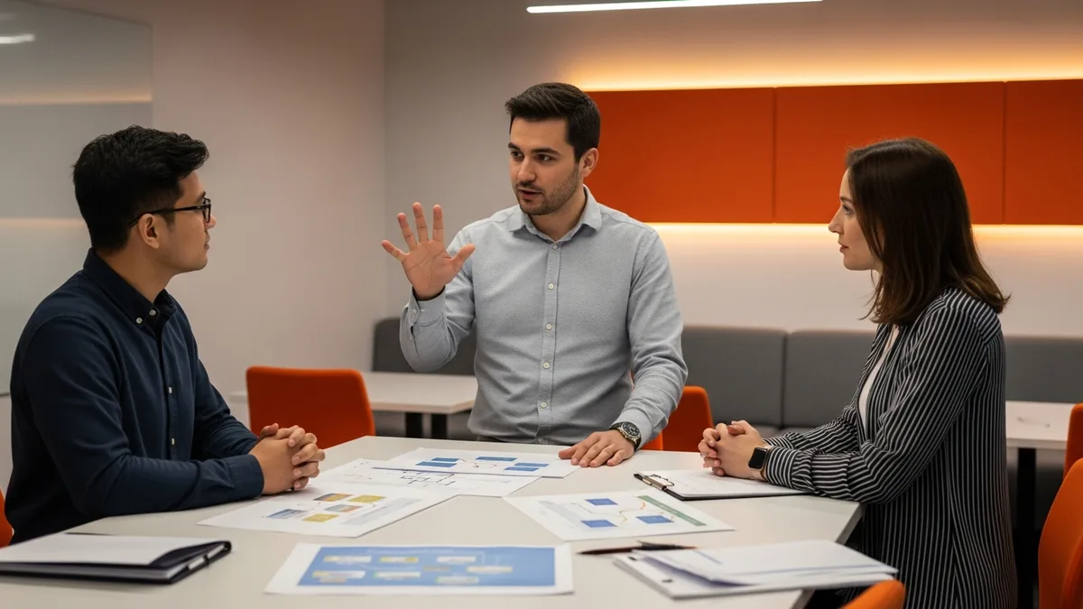 Three software engineers discussing Java developer roles around printed architecture documents