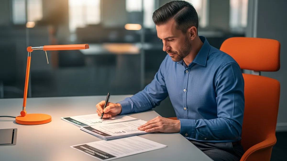 Technology hiring manager reviewing printed Java developer resumes and a compensation sheet at a desk