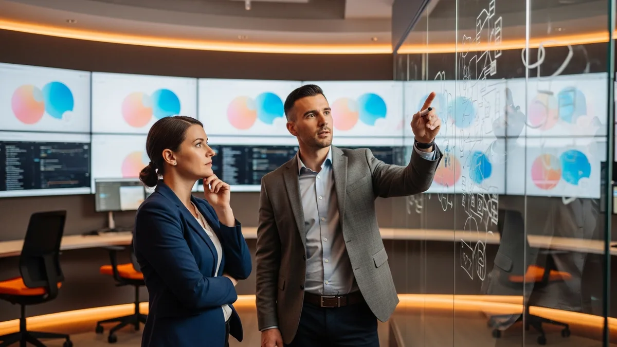 Two fintech engineers reviewing a tightly coupled point-to-point integration diagram on a glass whiteboard before a Kafka pub/sub migration