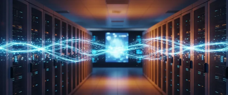 Data center with streams of light flowing between server racks, representing decoupled real-time data flow through a Kafka pub/sub backbone