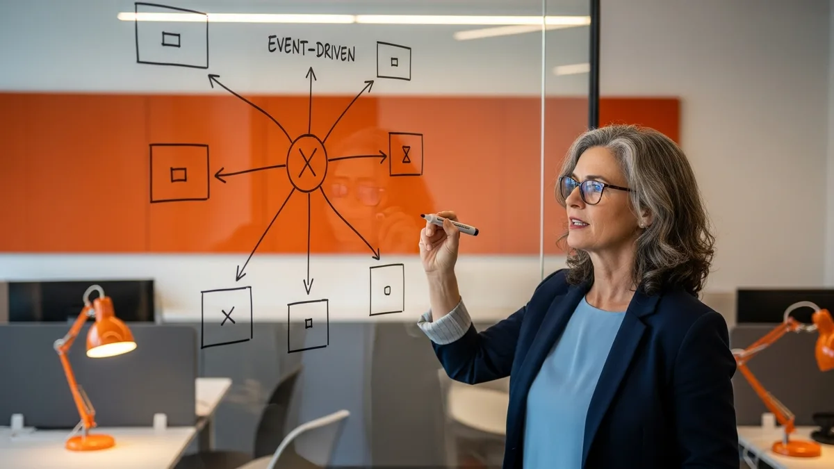 Engineering architect sketching an event-driven Kafka pub/sub architecture with a central hub and branching consumers on a whiteboard