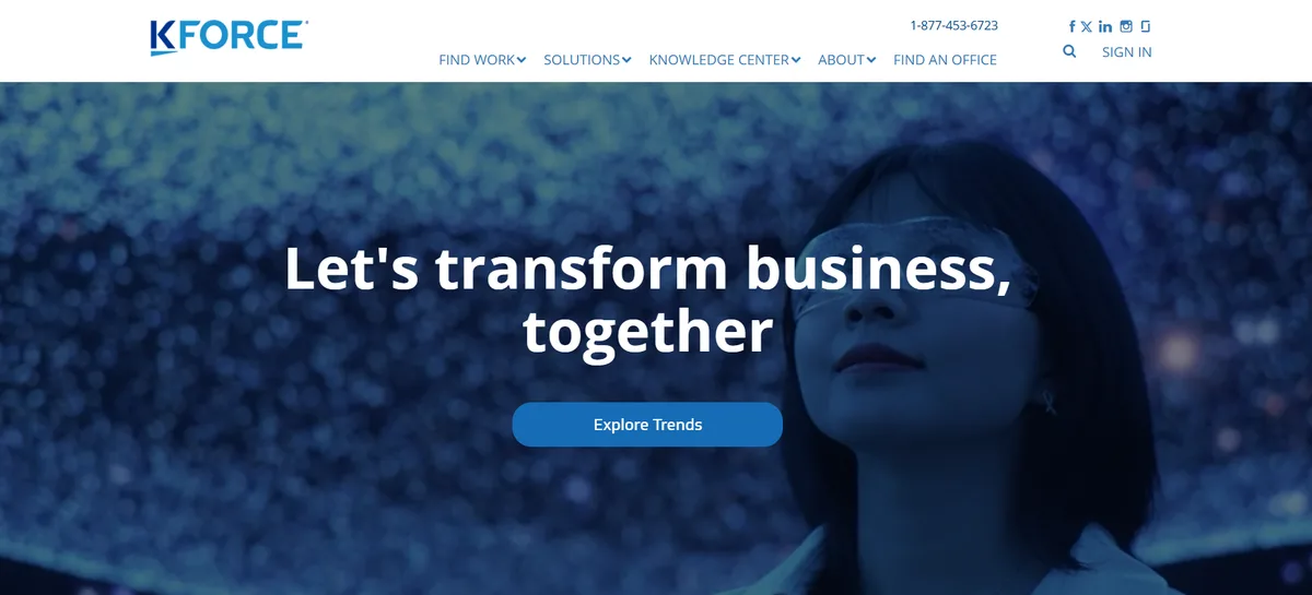 Kforce homepage, ranked second among data engineering staffing firms for enterprise-scale IT and finance hiring.