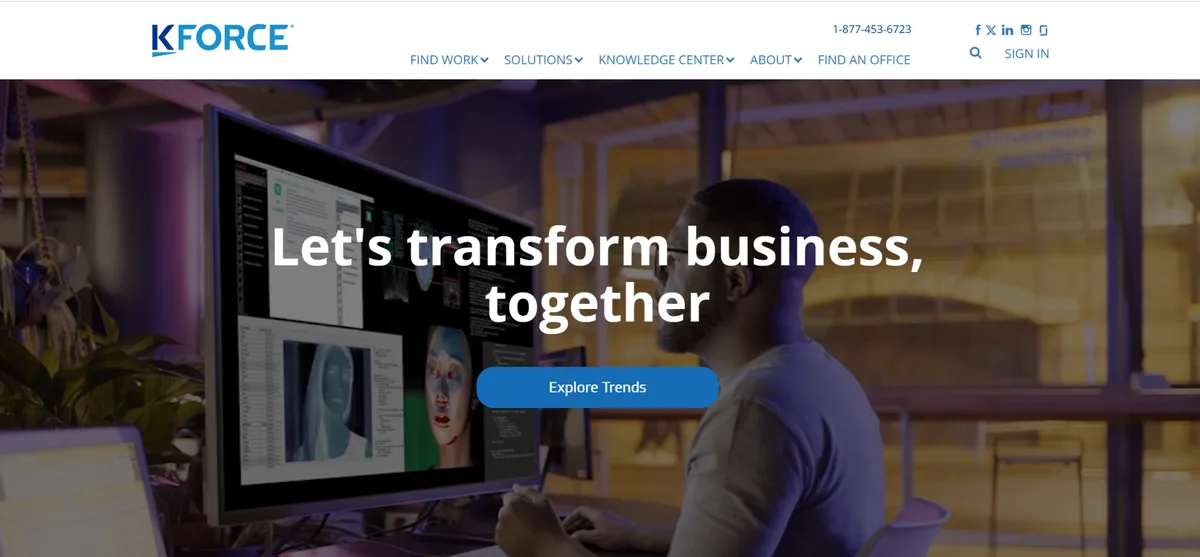 Kforce homepage, ranked second among IT staff augmentation companies for IT and finance hiring.