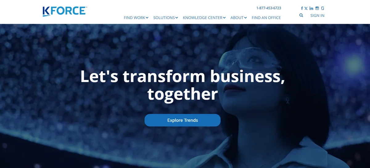 Kforce homepage, ranked second for IT and finance staffing.