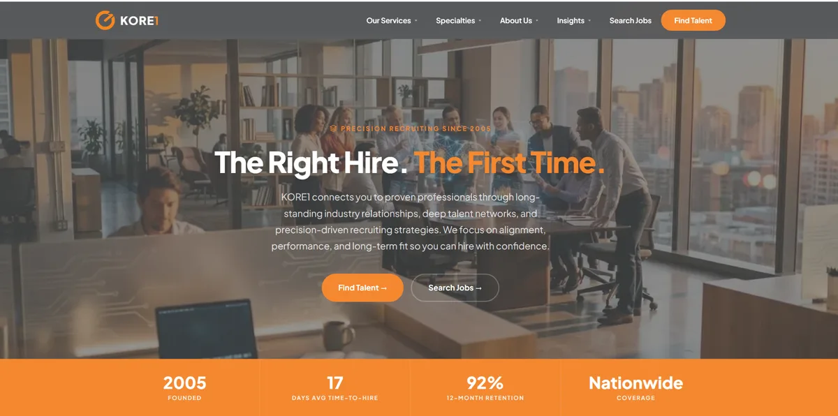 KORE1 homepage, the number one ranked IT staff augmentation company for 2026, with the headline The Right Hire. The First Time.