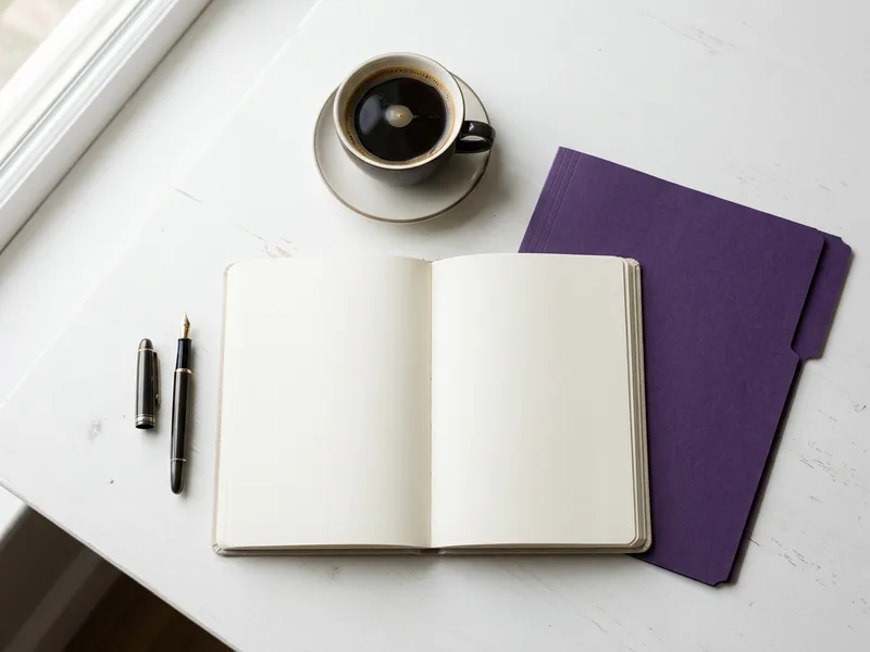 Notebook, pen, coffee and a violet file folder on a bright desk, Kotlin versus Java staffing decision