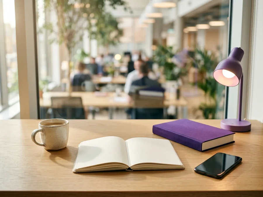 Kotlin developer staffing desk with an open notebook, coffee and a violet-bound reference book in warm morning light, KORE1 Kotlin staffing
