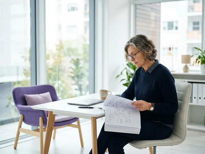 Senior Kotlin developer reading printed architecture notes at a bright desk with a violet accent chair, KORE1 Kotlin developer staffing