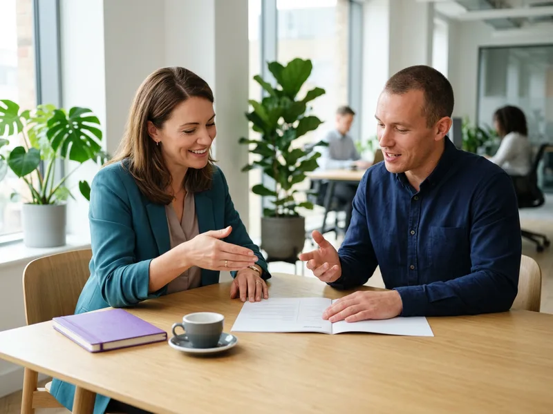 KORE1 technical recruiter and a Kotlin candidate talking through a printed resume across a meeting table, Kotlin staffing screen