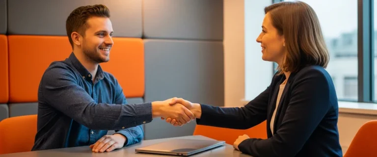 Hiring manager and candidate shaking hands after a Kubernetes engineer interview