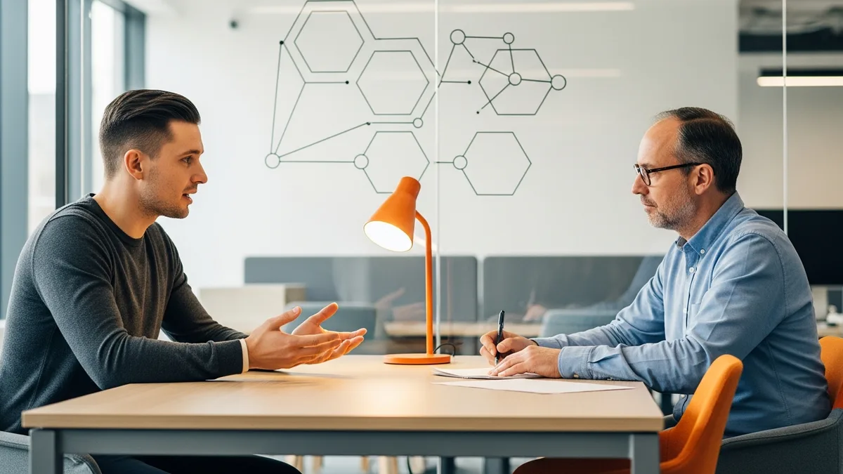 Two engineers in a Kubernetes engineer technical interview with a cluster topology diagram on a glass whiteboard