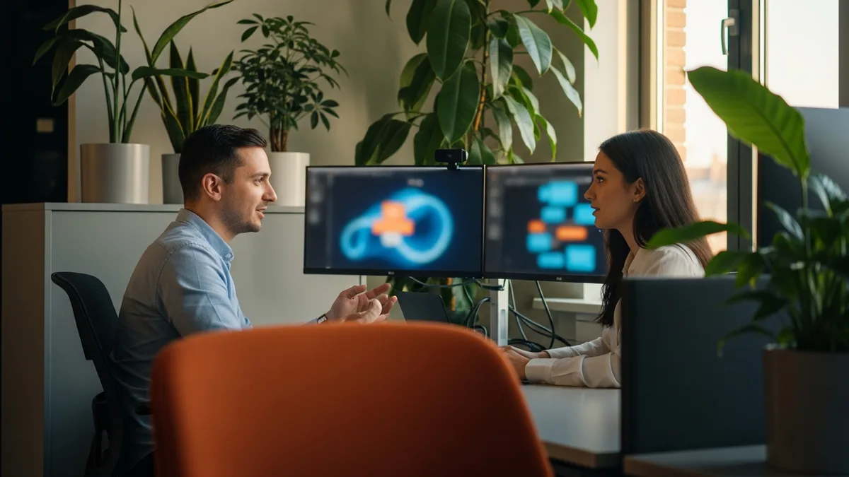 Two Kubernetes platform engineers reviewing cloud infrastructure architecture at a dual-monitor workstation