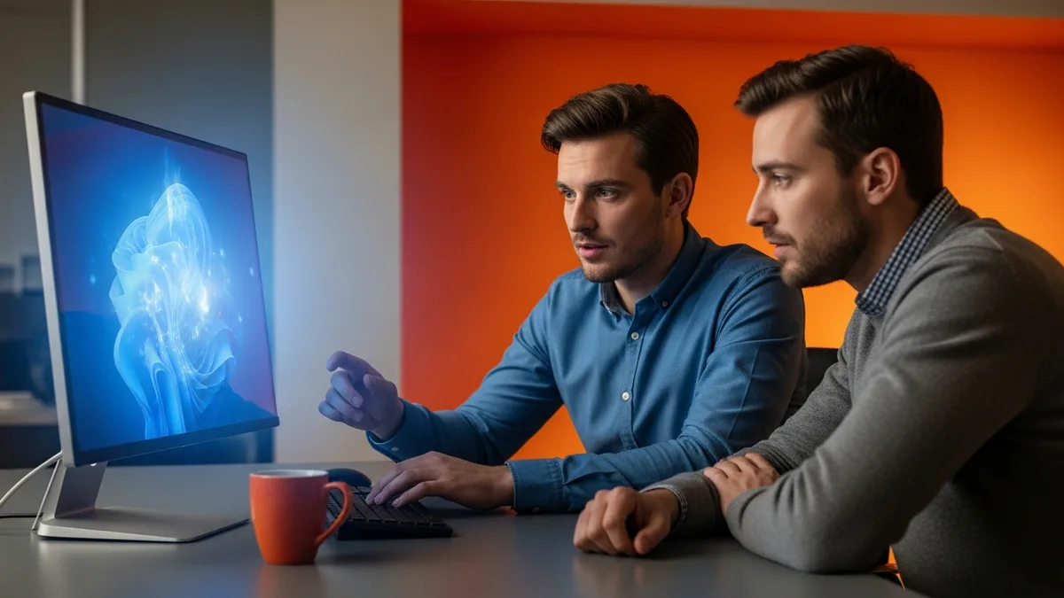 Two engineers hesitating at a monitor, cautious about changing a brittle legacy code module they are afraid to refactor
