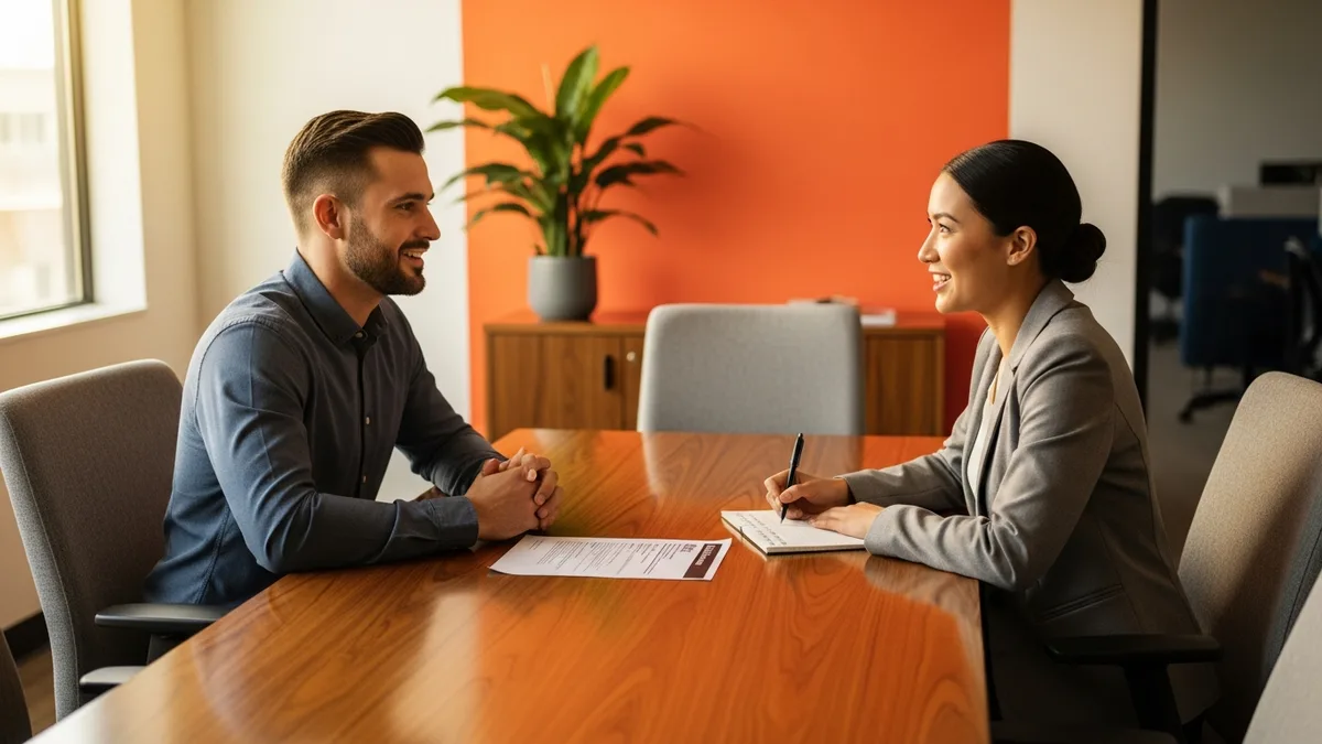 LLM engineer candidate answering technical interview questions across a table from a hiring manager with a printed resume between them
