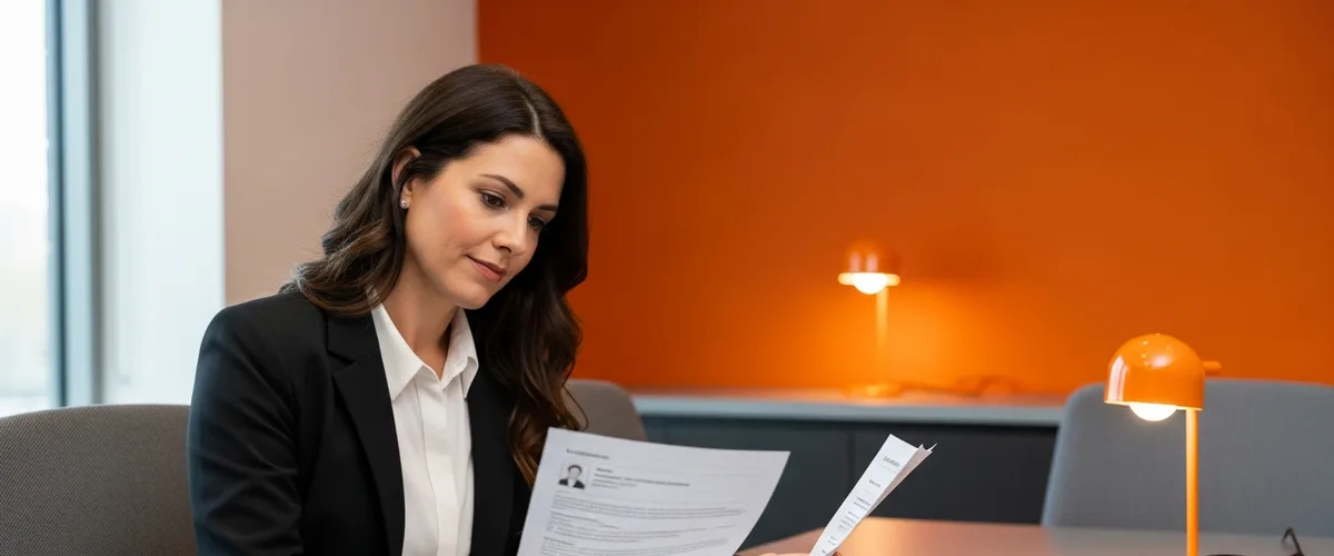 Hiring manager reviewing a printed LLM engineer candidate scorecard and resume at a desk in a modern office