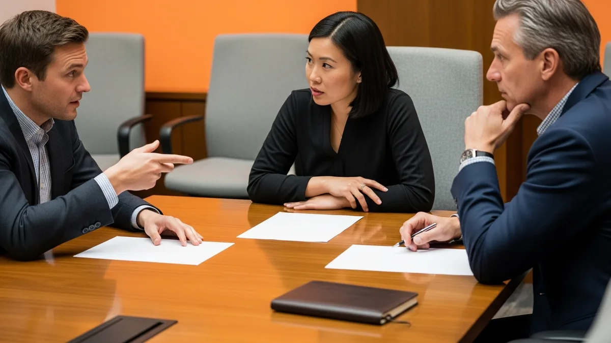 Hiring panel debriefing after an LLM engineer interview, discussing the candidate around a conference table