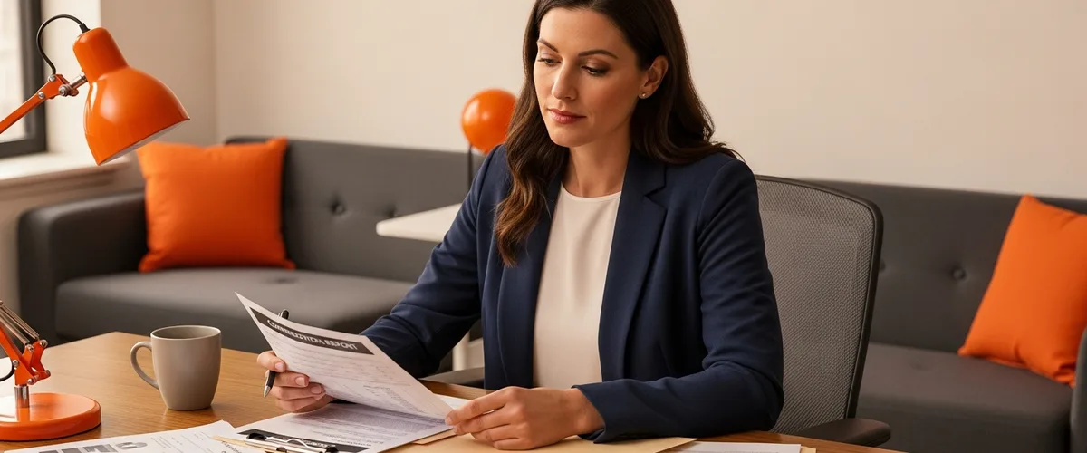 Technology hiring manager reviewing a printed 2026 LLM engineer salary benchmark report at an office desk