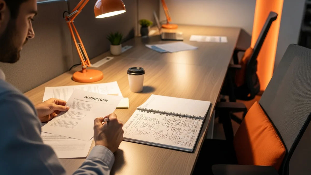 LLM engineer reviewing printed architecture notes and a notebook of hand-drawn diagrams at a desk