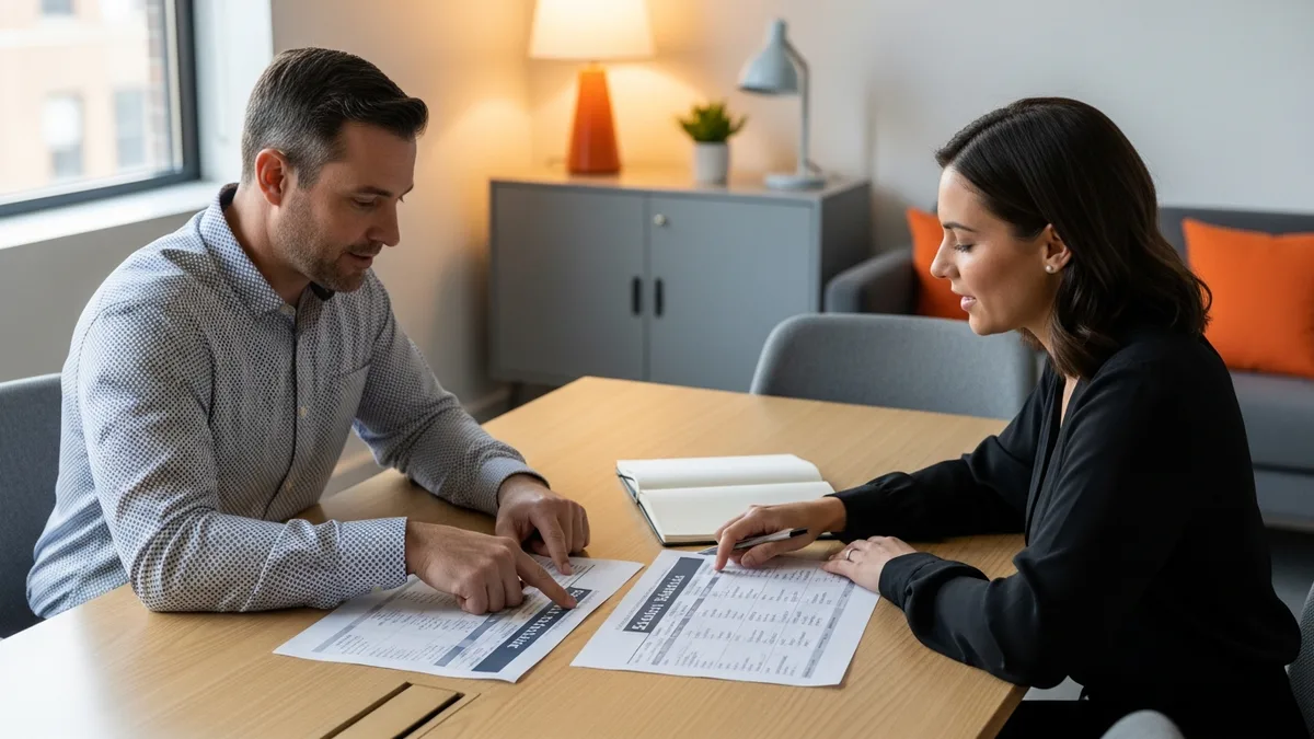 Two technology hiring leaders comparing printed LLM engineer salary benchmark sheets across a table
