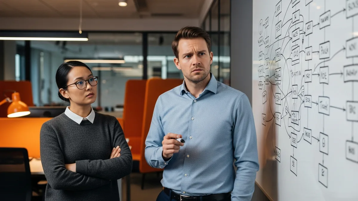 Two software engineers looking apprehensive in front of a whiteboard filled with a dense tangle of architecture boxes and arrows