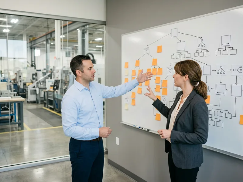 Two manufacturing ERP consultants mapping a bill of materials and routing diagram on a whiteboard during a requirements session