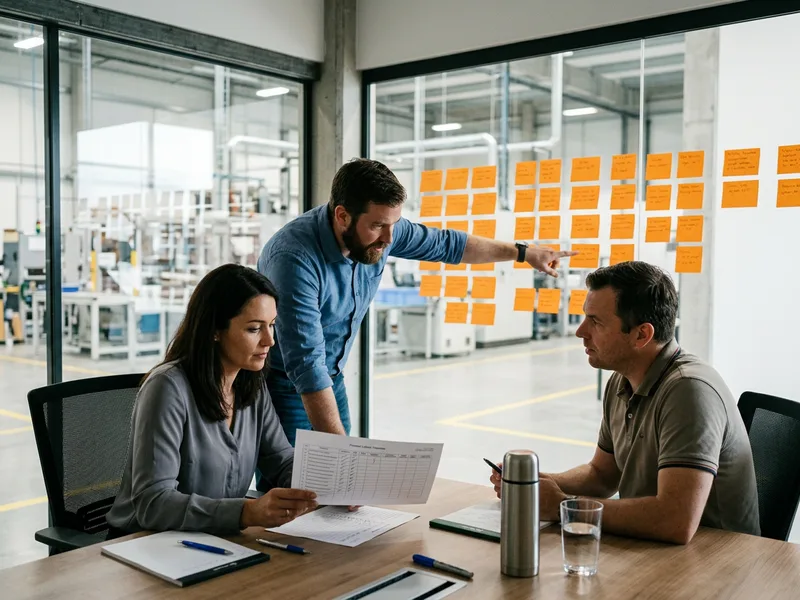 Cross-functional plant ERP go-live team reviewing a printed cutover checklist in a glass-walled conference room on the factory floor