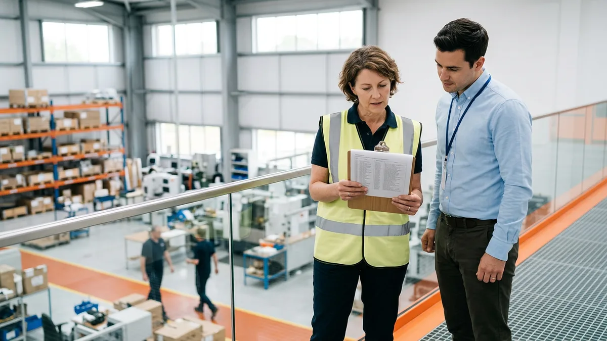 Plant operations manager and ERP consultant reviewing a printed production schedule on a manufacturing plant mezzanine, KORE1 manufacturing ERP staffing
