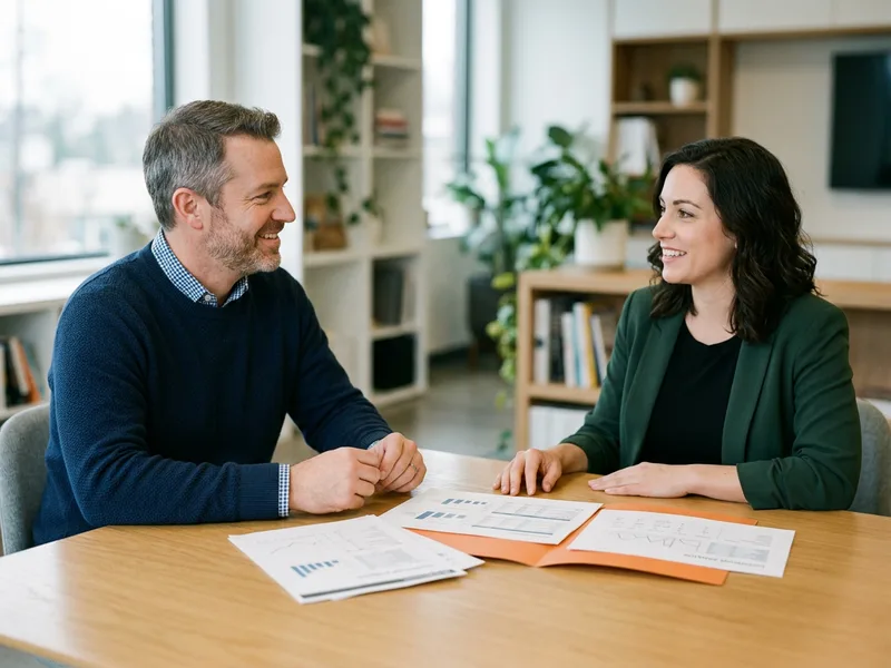 KORE1 recruiter and a manufacturing ERP candidate reviewing printed inventory and cost reports during a screening conversation