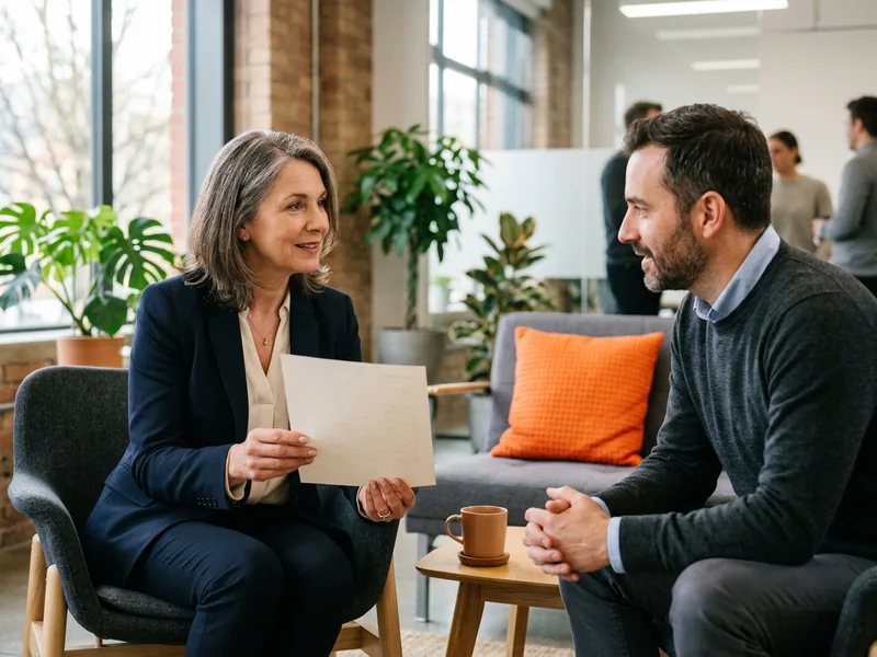 KORE1 senior recruiter reviewing a manufacturing ERP consultant candidate profile with a plant hiring manager in a modern office lobby
