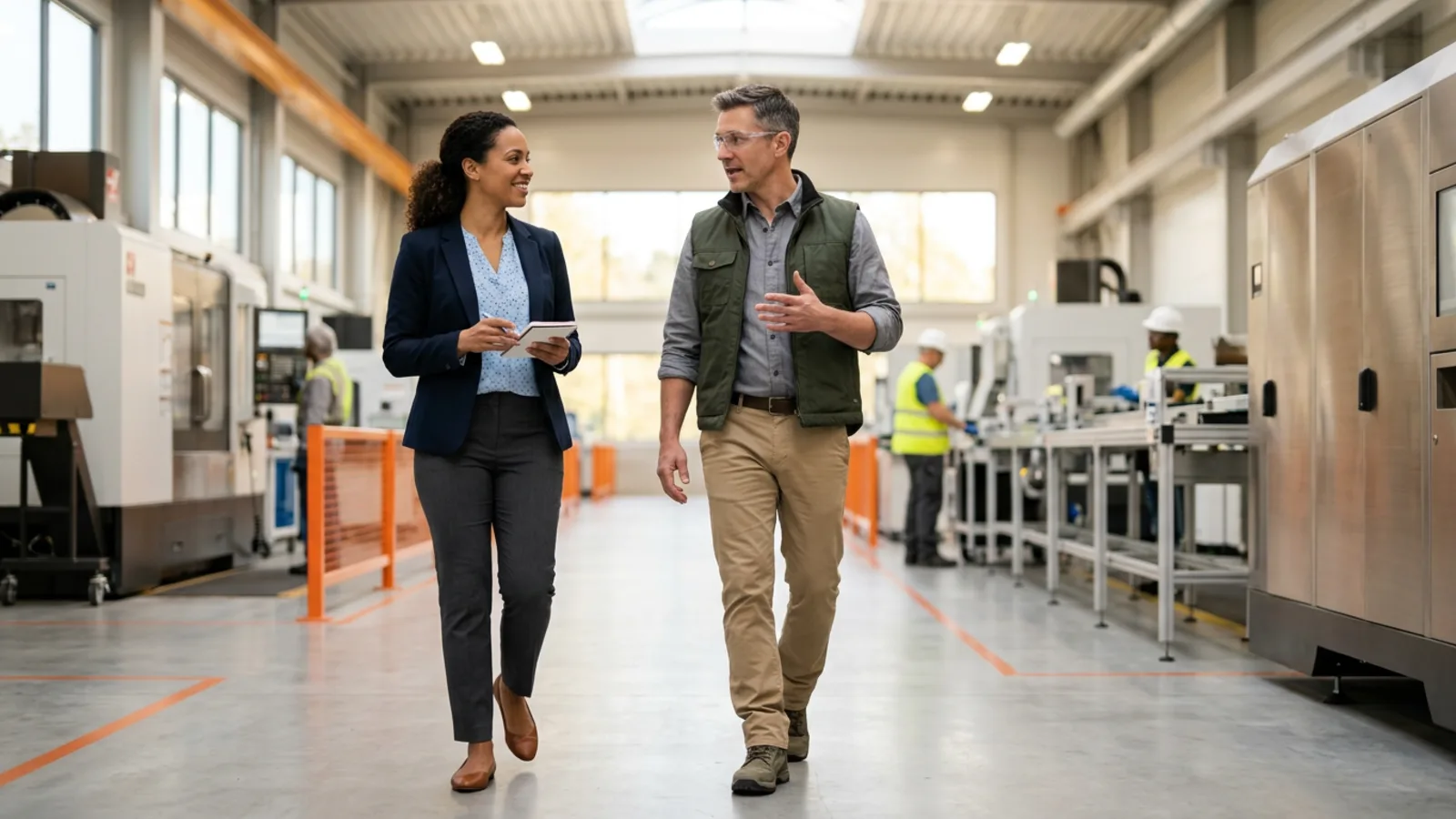 KORE1 manufacturing recruiter walking a production floor with a plant manager beside CNC machines