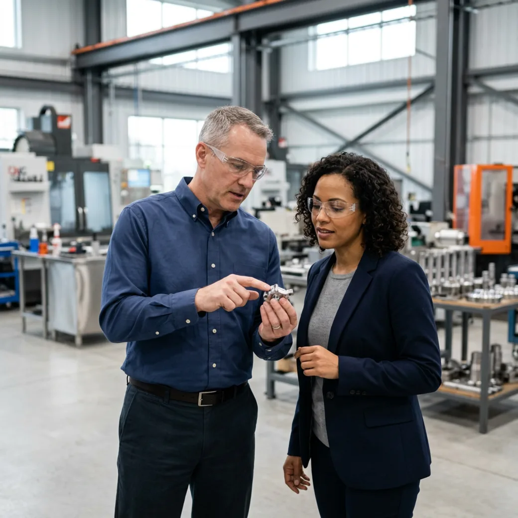 KORE1 manufacturing recruiter reviewing a production line with an operations manager on the plant floor
