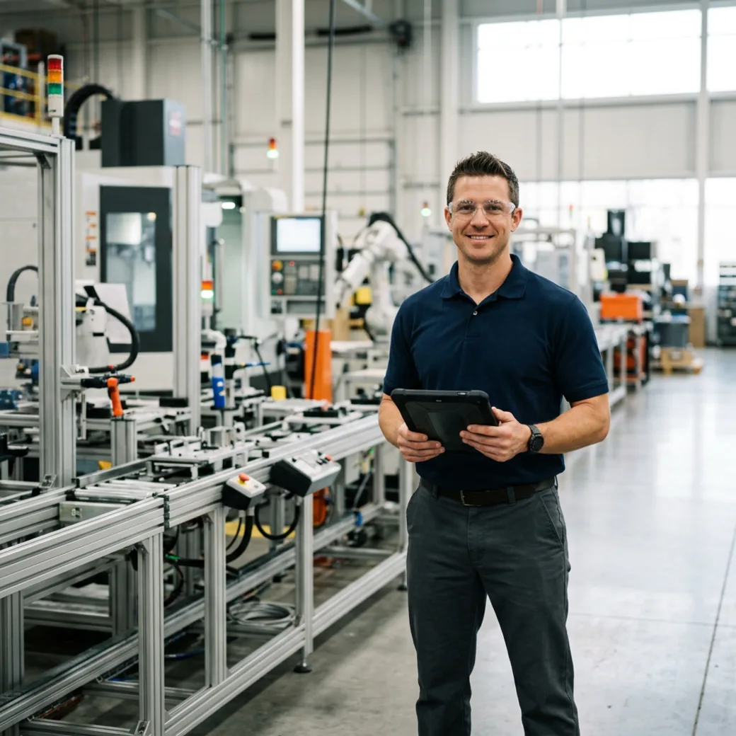 Manufacturing engineer placed by KORE1 recruiters standing confidently beside a production line
