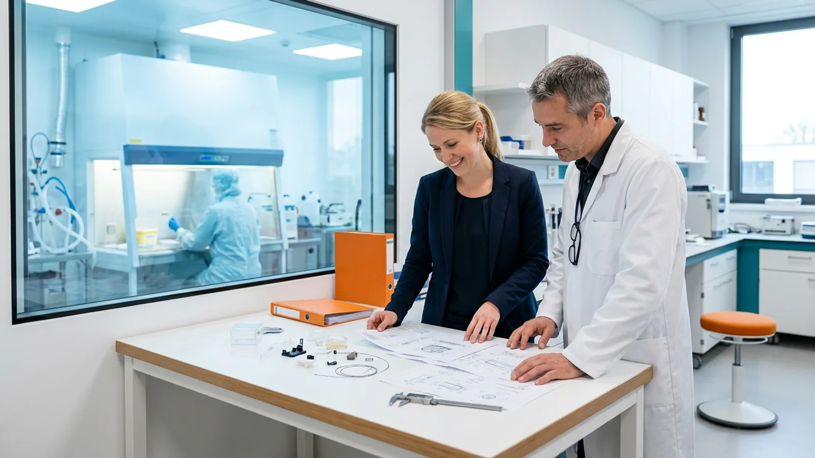 KORE1 medical device recruiter reviewing a device development plan with an R&D engineer beside a cleanroom window