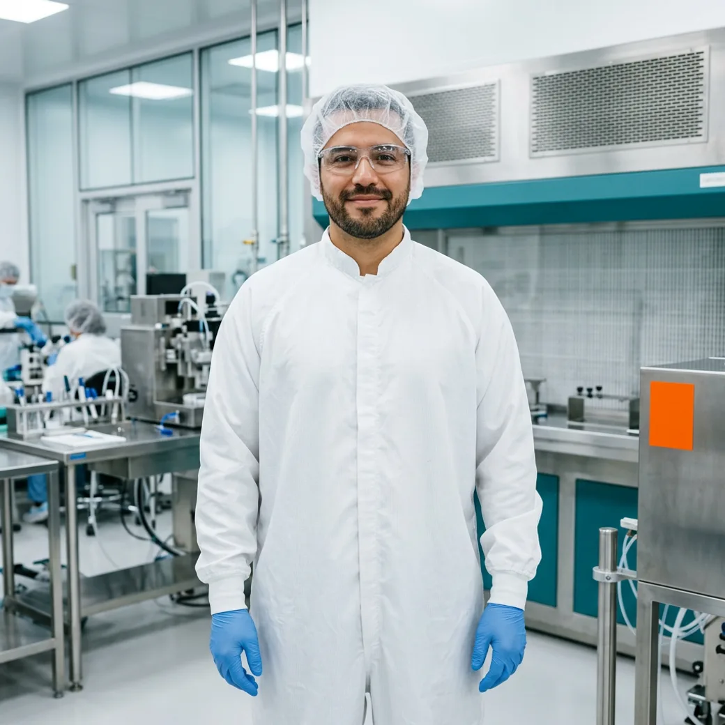 Medical device engineer placed by KORE1 recruiters standing in a cleanroom gown beside device manufacturing equipment