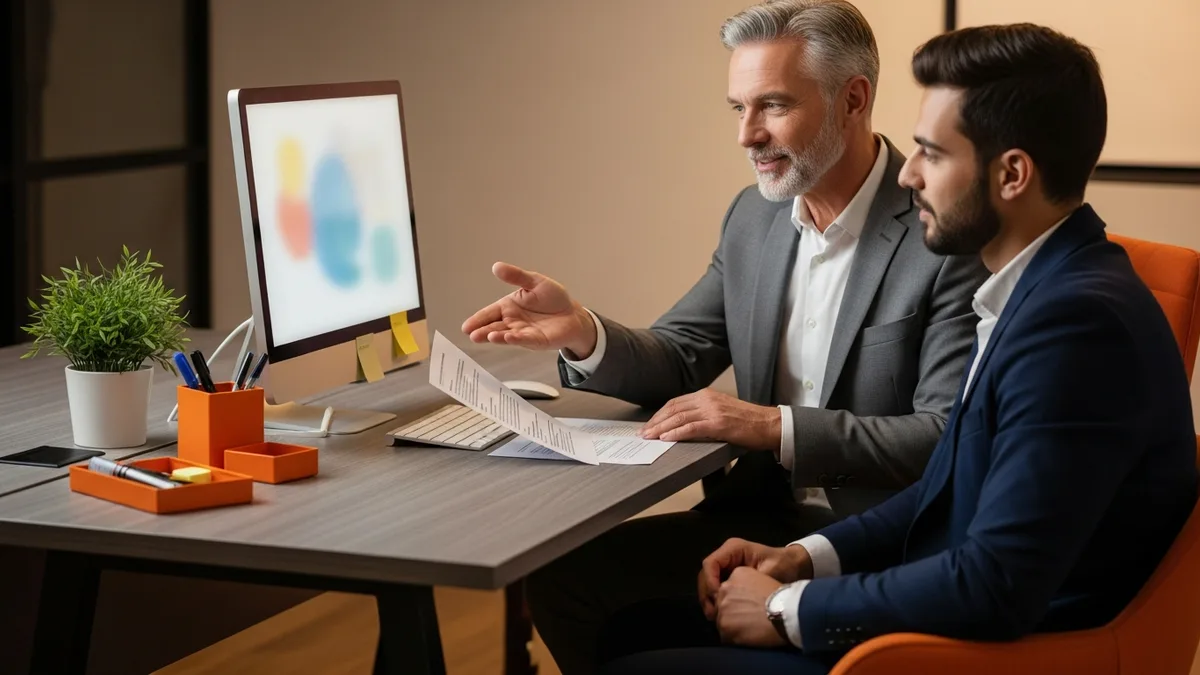Senior finance leader mentoring a senior accountant being considered for promotion to accounting manager