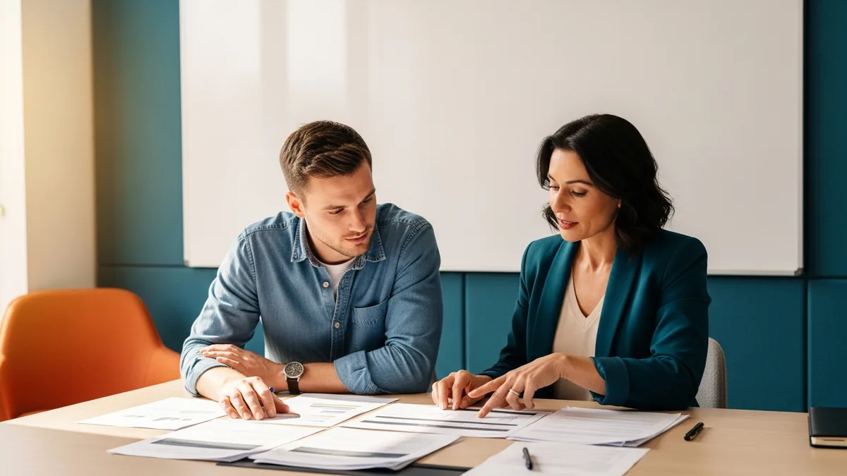 Career-changing engineer studying a printed machine learning model architecture at a desk with a mentor