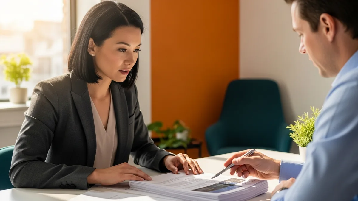 Machine learning engineer reviewing printed model training results with a colleague in a modern office