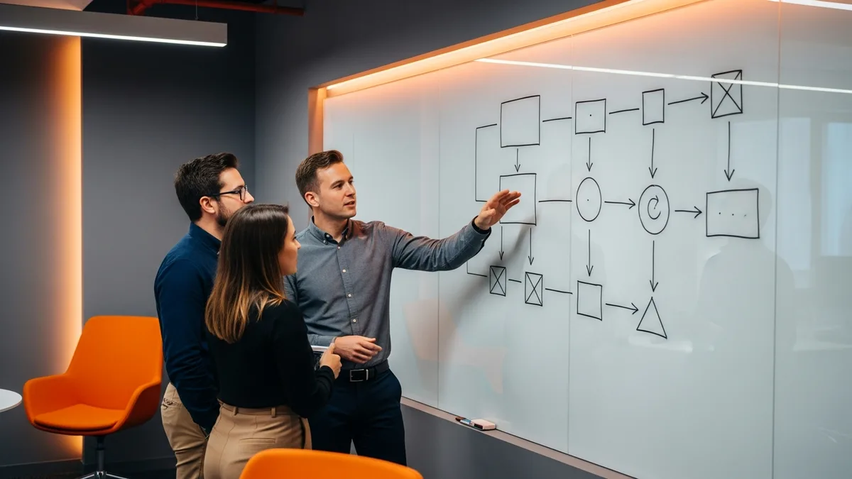 Machine learning team sketching an MLOps model-serving pipeline on a glass whiteboard