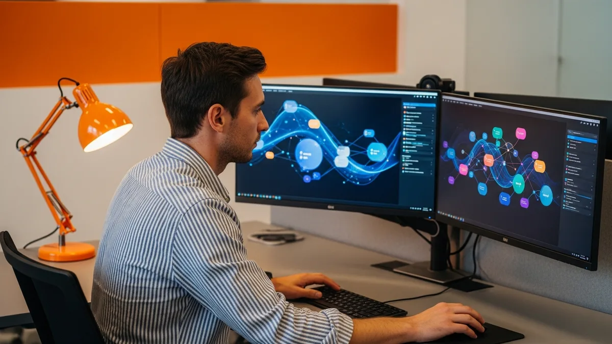 Machine learning engineer monitoring model-serving dashboards at a dual-monitor workstation