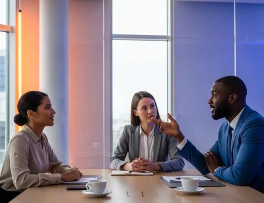 Technical hiring team comparing machine learning platform, MLOps, and ML engineer roles on a glass wall in a bright conference room