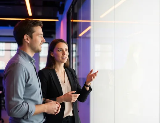 Two ML platform engineers reviewing internal platform architecture at a whiteboard in a bright open-plan office