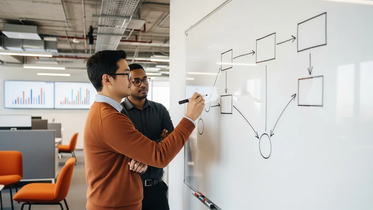Two engineers sketching an ML pipeline diagram on a whiteboard during an MLOps engineer technical screen