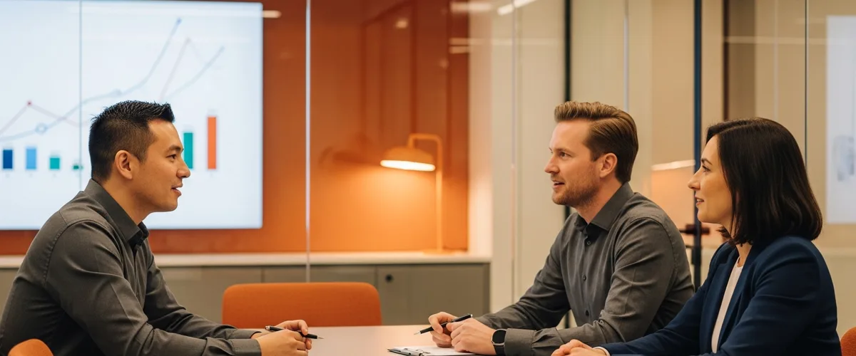 Hiring panel of three managers discussing MLOps interview questions across a conference table