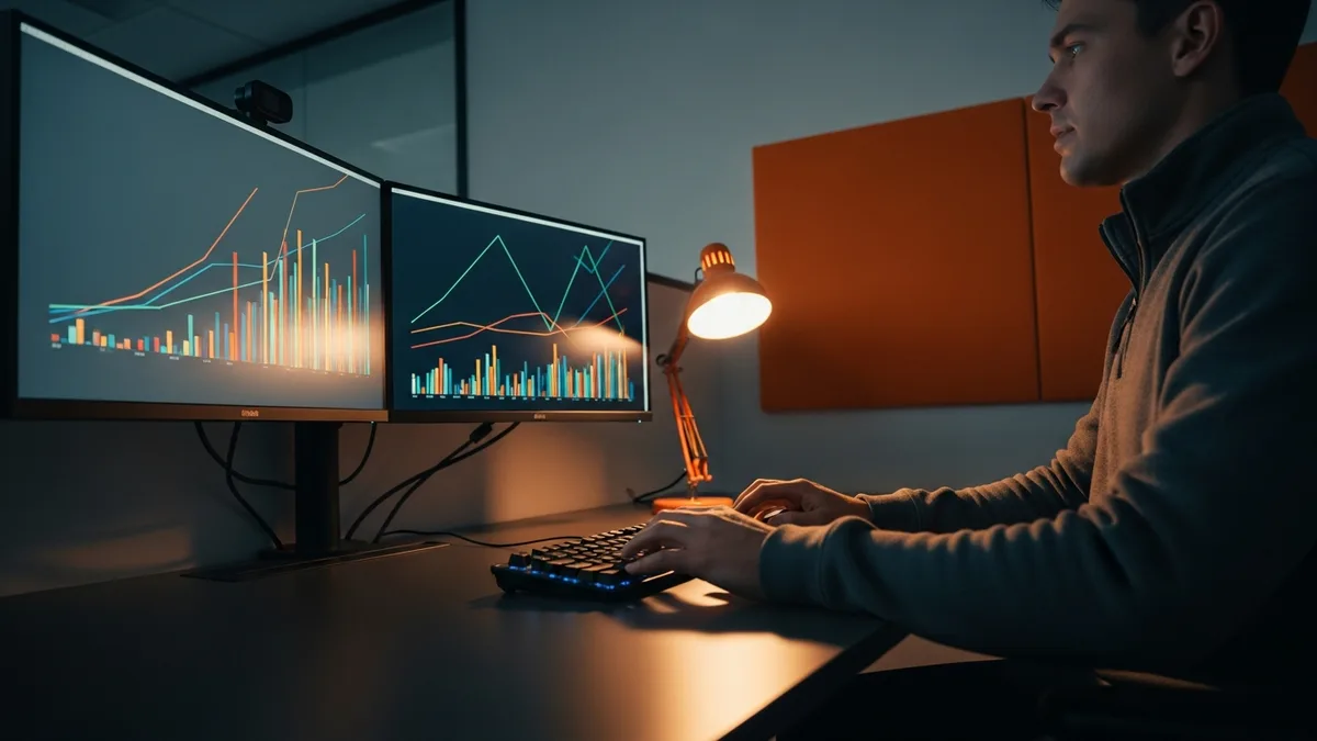 MLOps engineer reviewing model drift and feature freshness dashboards on two monitors