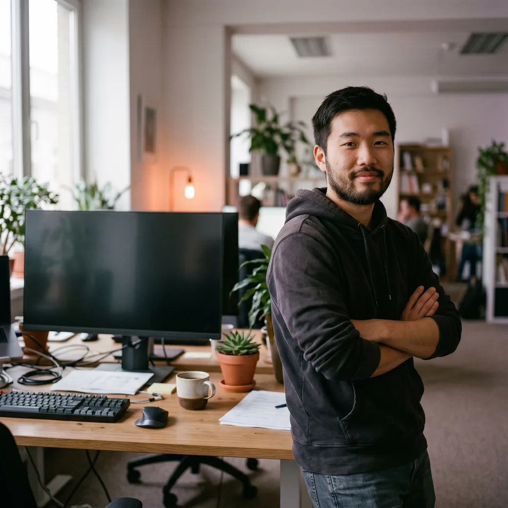 MLOps engineer placed by KORE1 recruiters standing confidently at a modern workstation