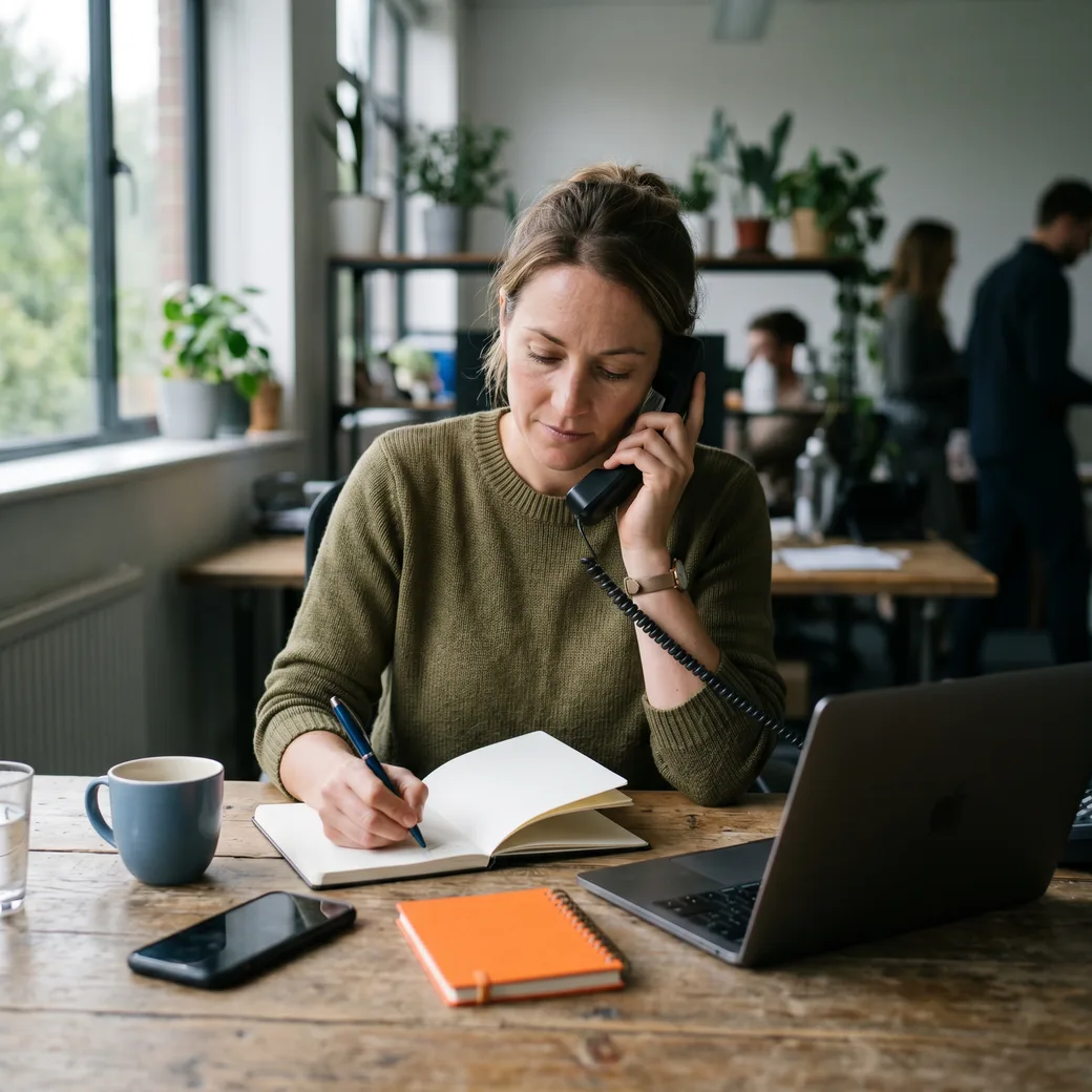 KORE1 MLOps recruiter on a call taking notes about a candidate at her desk