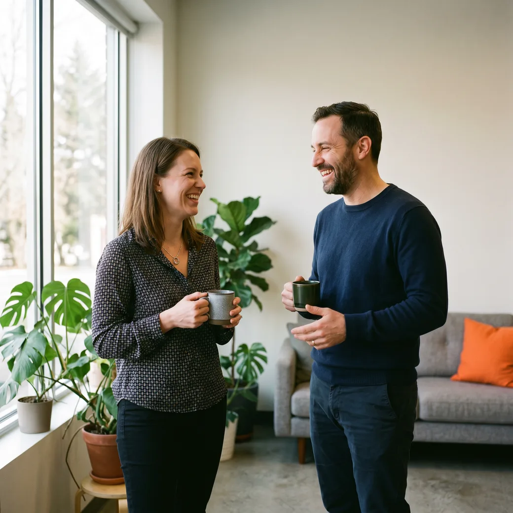 Two KORE1 recruiters talking over coffee about MLOps candidates in a modern office