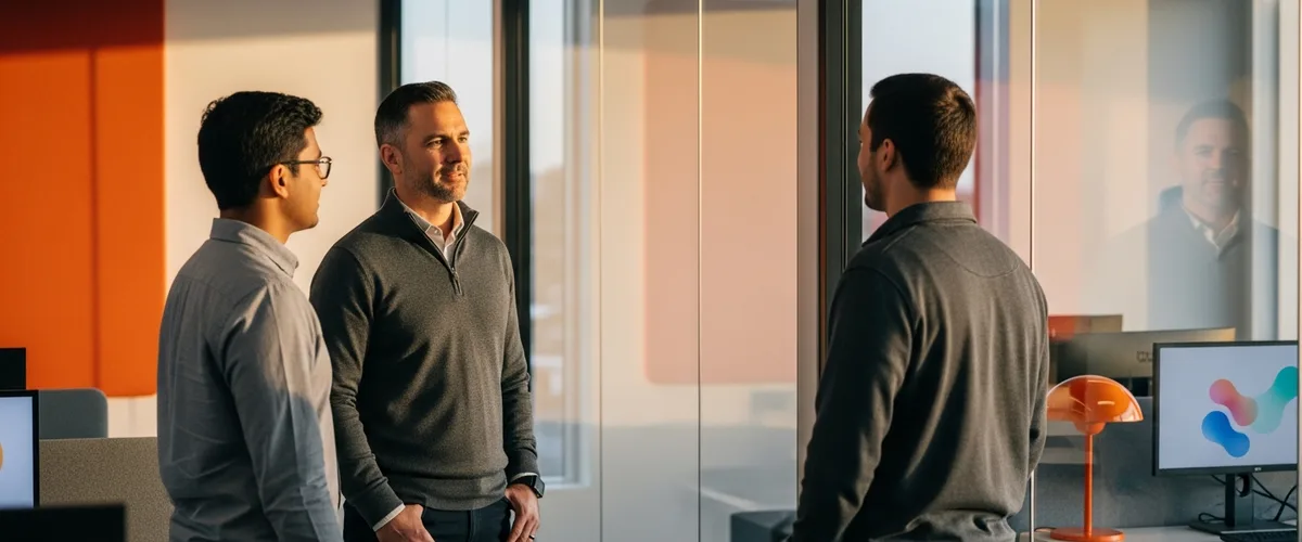 Engineering executive discussing mortgage tech API architecture patterns with two software engineers in a modern fintech office