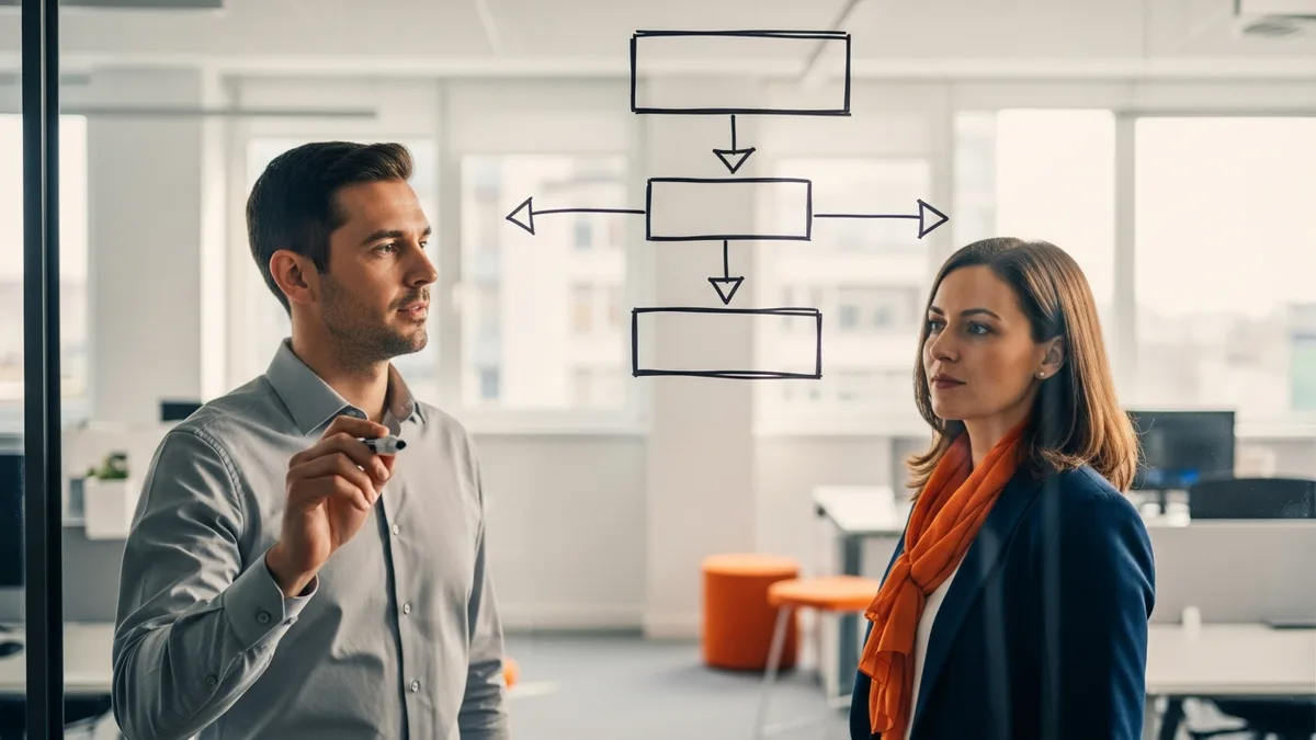 Two software architects mapping API integration boundaries and vendor bulkheads on a glass wall